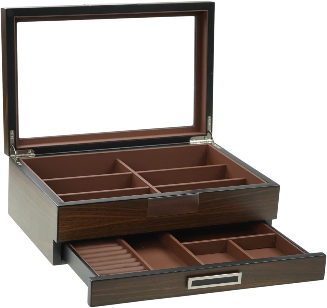 Multi-Purpose Drawer, Sunglasses and Jewelry Box Wooden Storage Organizer with Saddle Brown Leather (Coffee Lover)