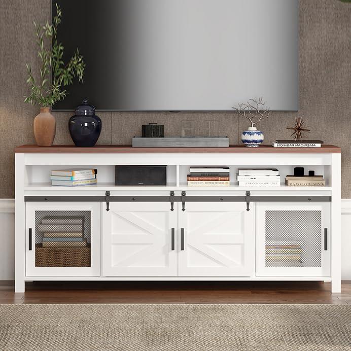 White and Brown Wood Farmhouse TV Stand with Sliding Barn Doors