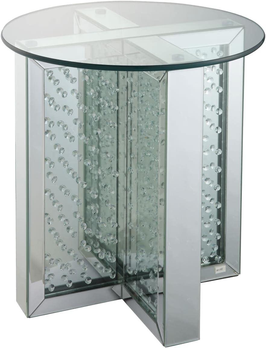 Lux Glam Round Mirrored End Table with Crystal Accents, Silver