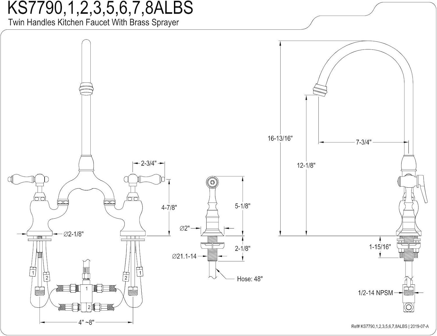 Kingston Brass English Country Two-Handle 3-Hole Deck Mount Bridge Kitchen Faucet with Brass Side Sprayer