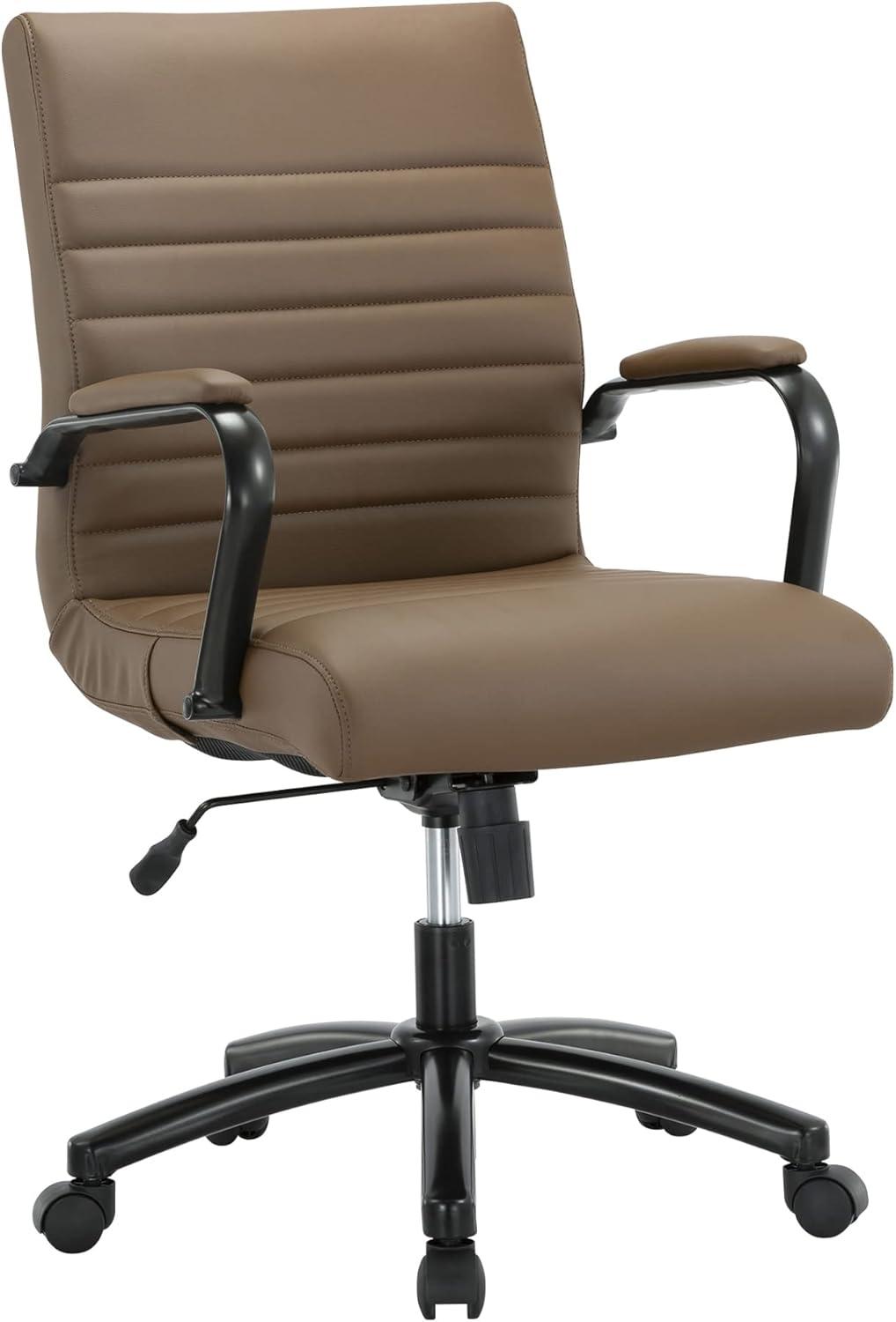 Brown and Black Leather Mid-Back Office Chair with Metal Frame