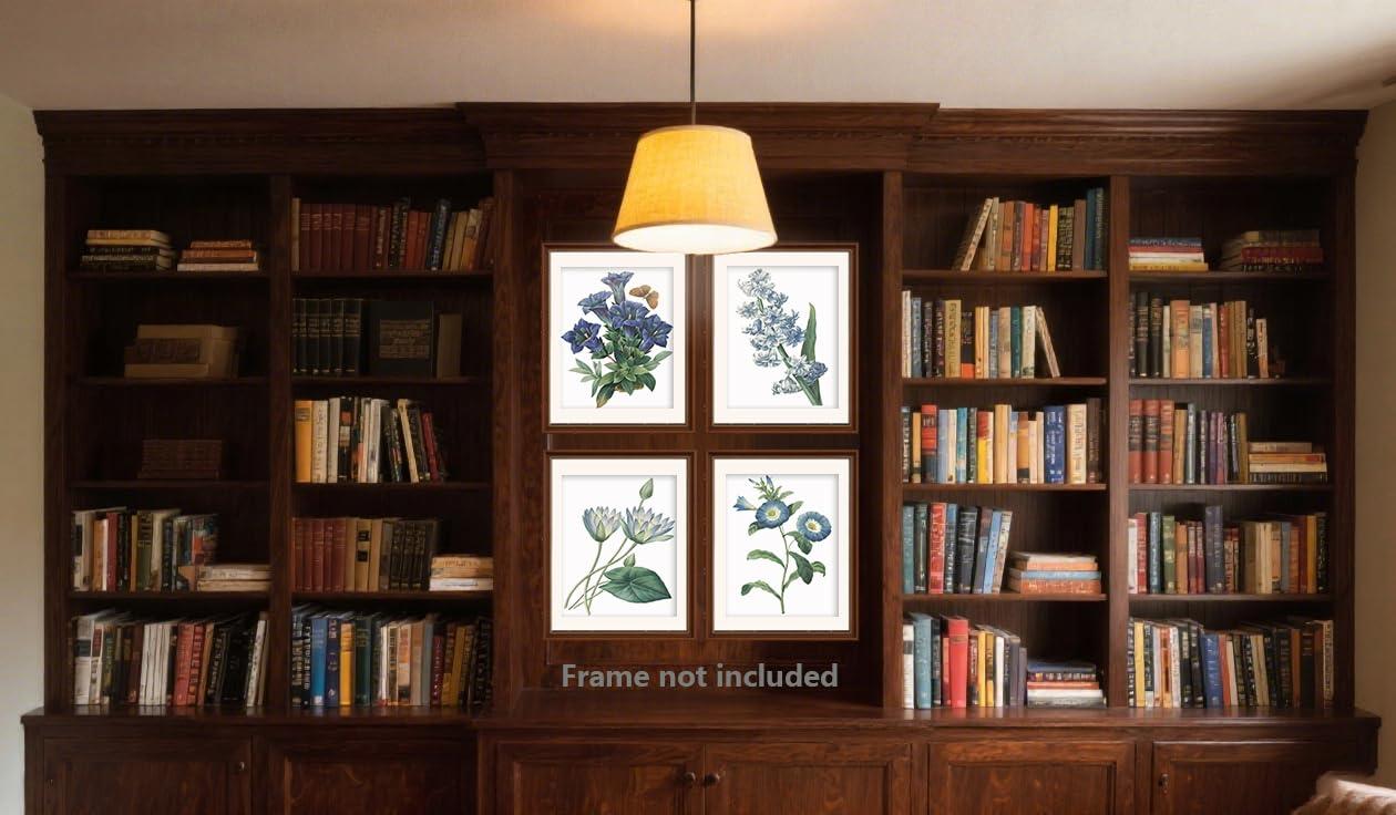 Blue Flower Canvas Wall Art Print, Vintage Floral Botanical Decor Antique Botany Poster, Blue Tone Morning Glory Water Lily Hyacinth Gentian Decorate for Office, Set of 4 ,8 X 10 In Unframed