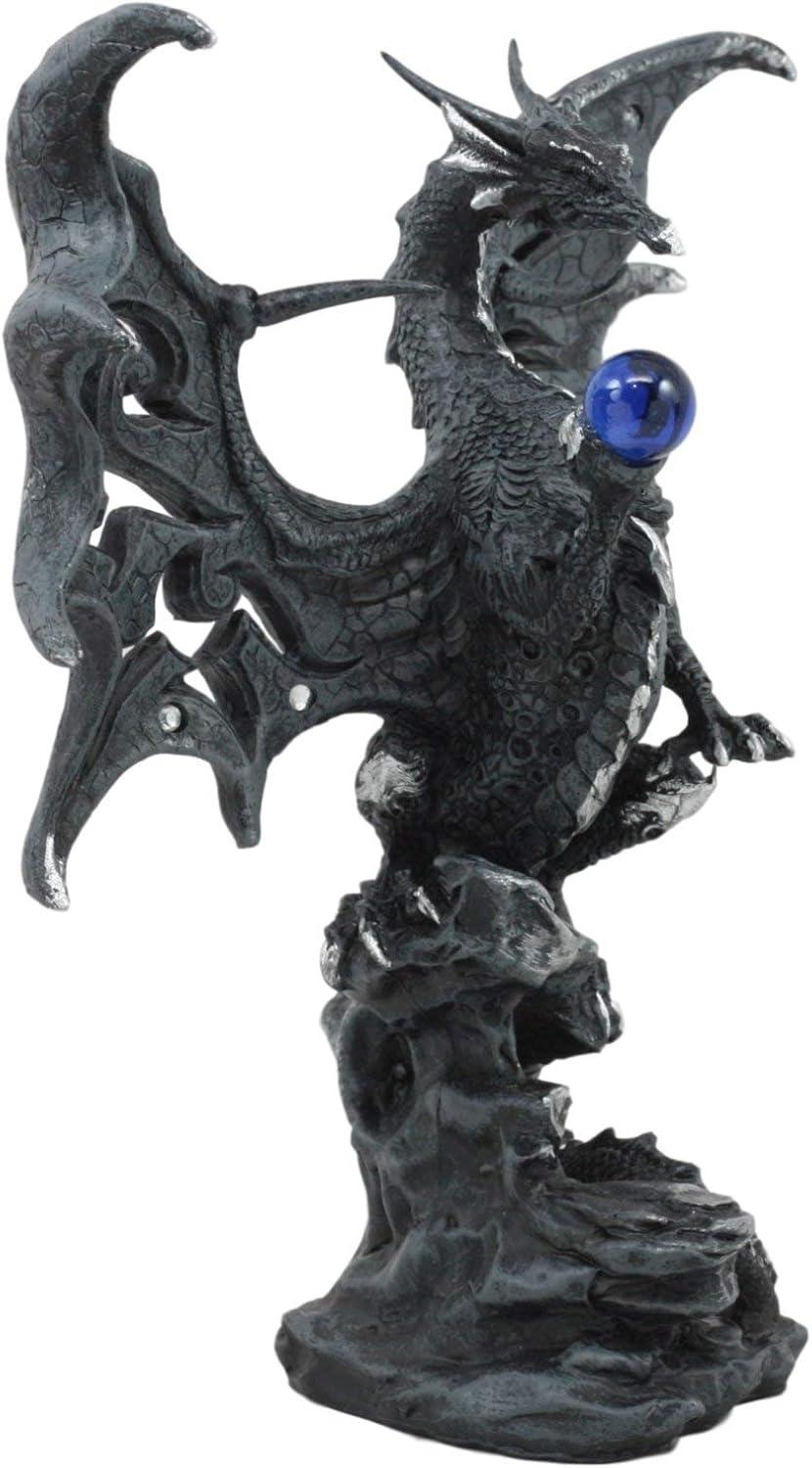 Gothic Black Resin Dragon Statue with Blue Orb