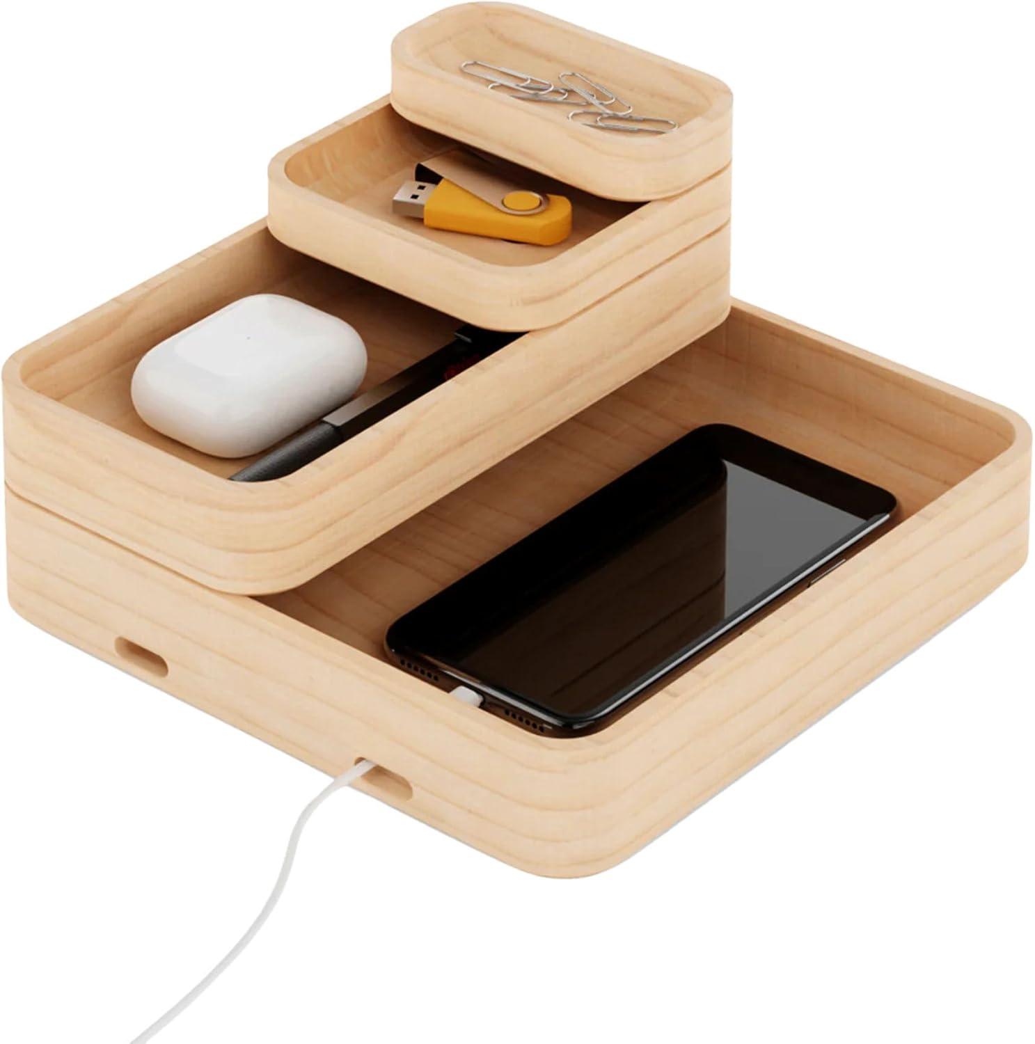 Hoek Stack Modular Desk Organizer - Sustainable Solid Wood with Sliding & Stackable Trays, Cork Bottom - Mid-Century Modern Setup to Study (Birch)