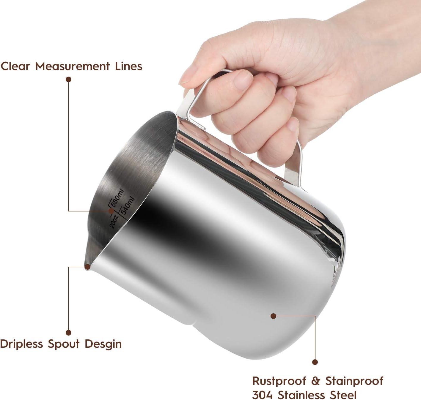 Milk Frothing Pitcher, 20oz Stainless Steel Milk Frother Cup Steaming Pitcher, Coffee Bar Cappuccino Espresso Machine Accessories Barista Tools, Metal Pitcher Milk Jug with Decorating Latte Art Pen