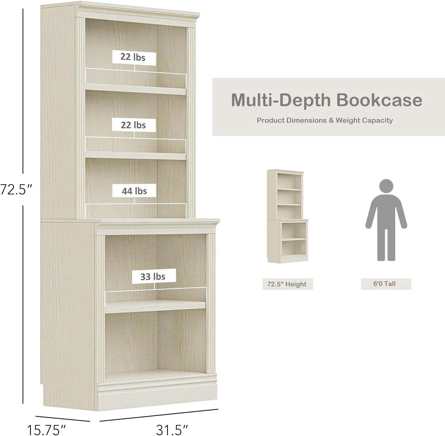 Cream Adjustable 72.5" Tall 5-Tier Wooden Bookcase