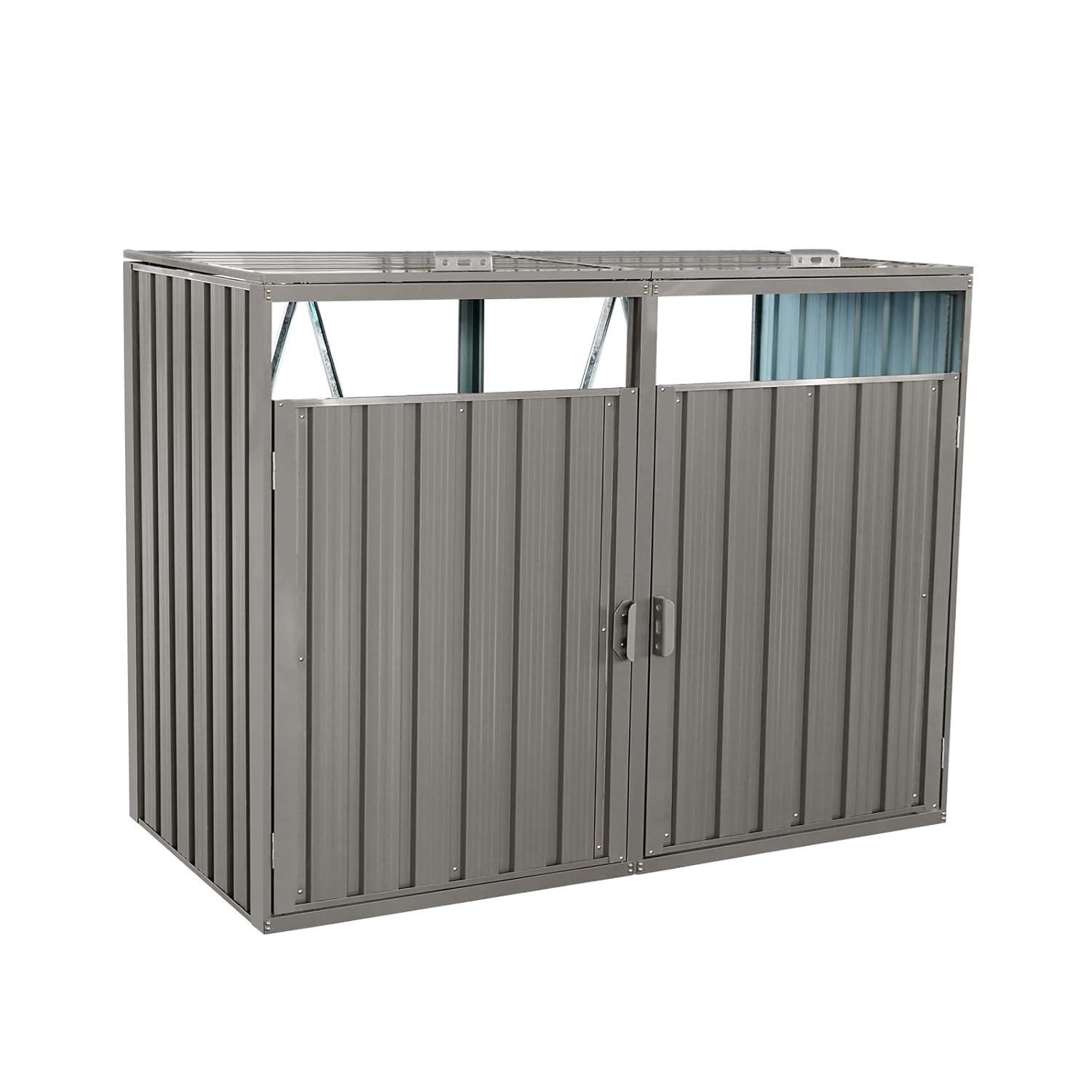 KAQCVIN Garbage Bin Shed Stores 2 Trash Cans Metal Outdoor Bin Shed