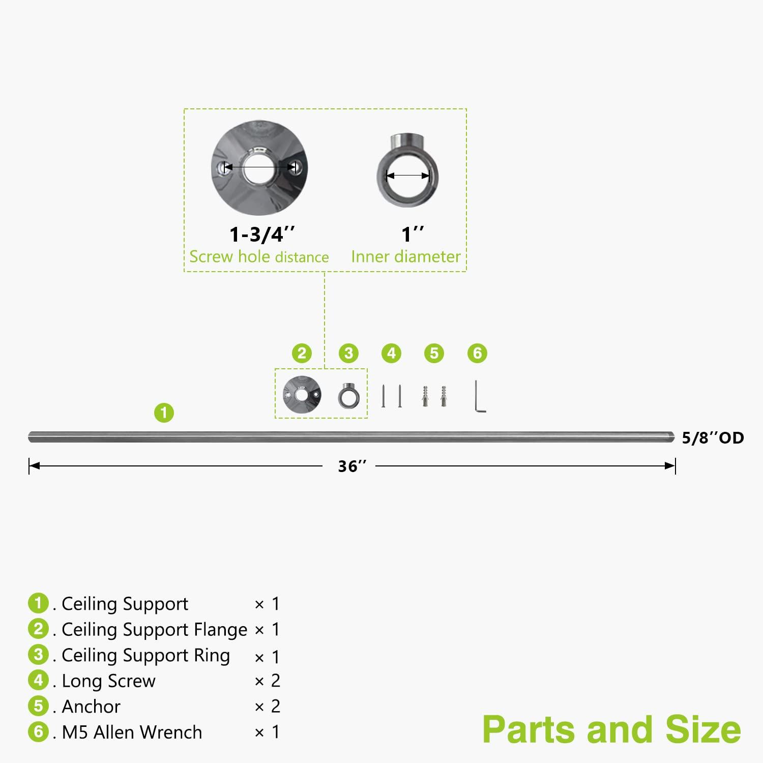 Naiture 36'' Stainless Steel Shower Rod Ceiling Support, 5/8" OD Rod with 1" Loop, Chrome Finish