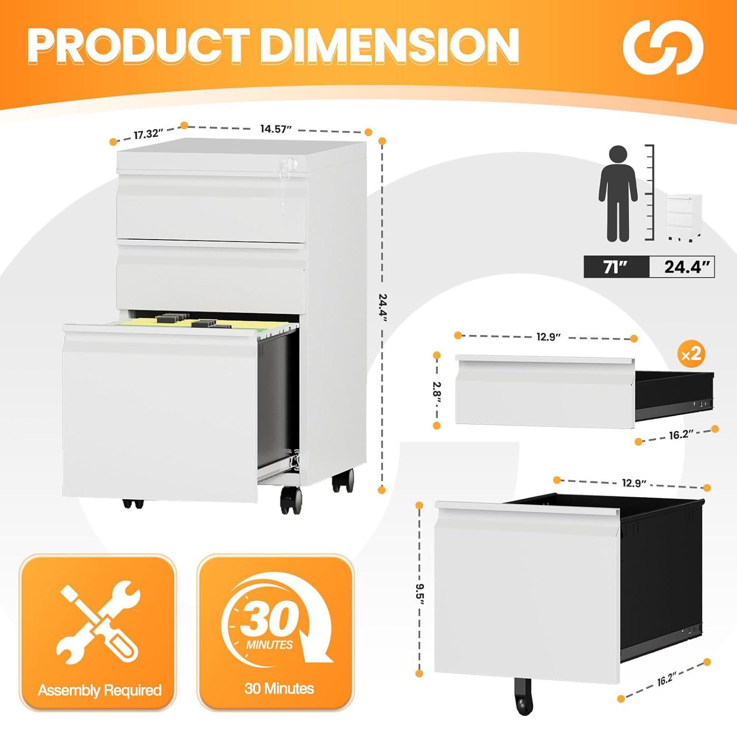 3 Drawer Mobile File Cabinet with Lock, Rolling File Cabinets for Home Office, Under Desk Small File Caninet on wheels, Metal Vertical White Filing Cabnet for Legal/Letter/A4 - Assembly Required