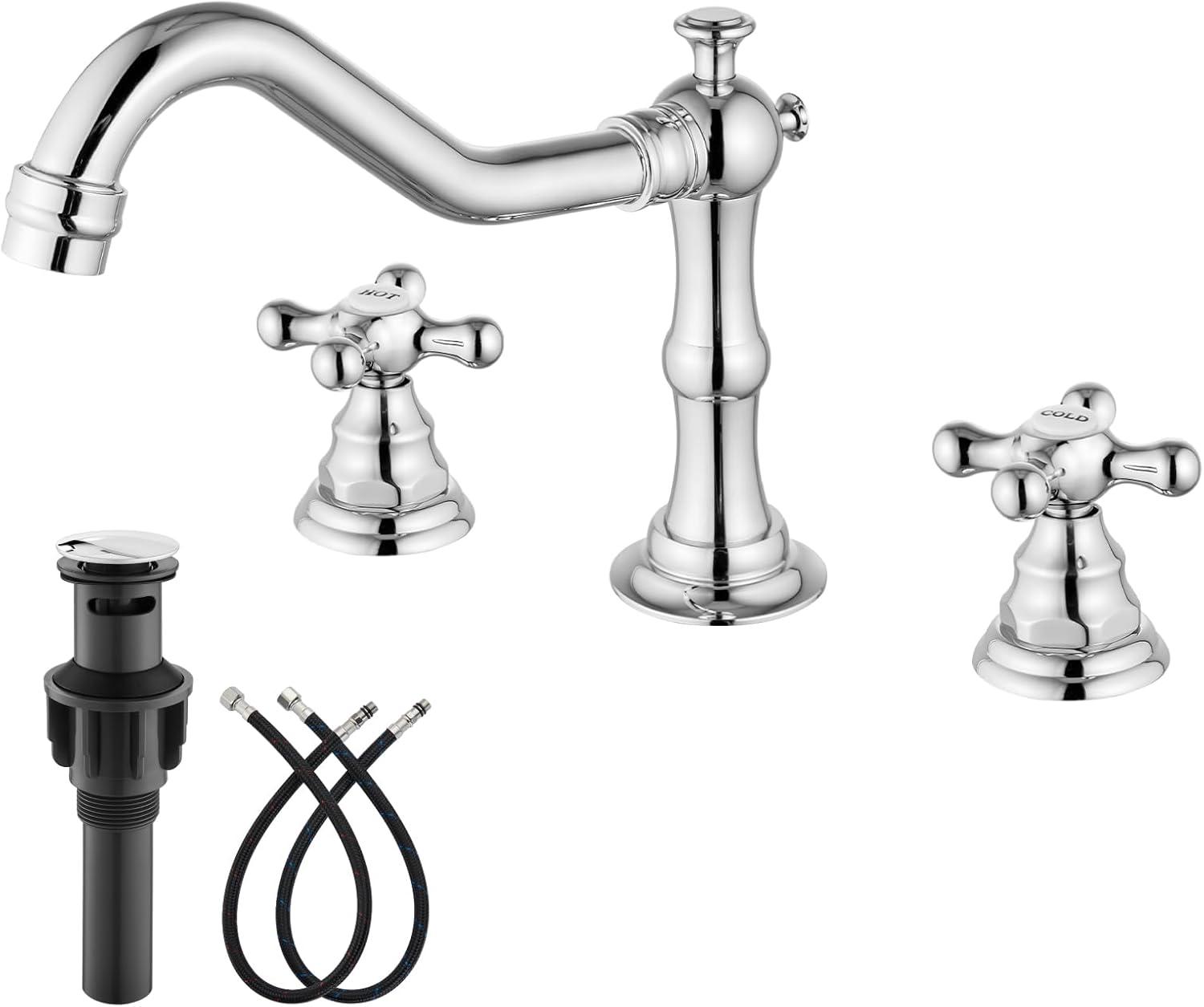 gotonovo Widespread Bathroom Sink Faucet Double Cross Knobs Polish Chrome 3 Hole Mixing Tap Deck Mount with Pop Up Drain