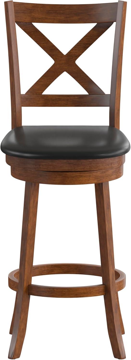 Merrick Lane 30" Gray Wash Walnut Classic Wooden Crossback Swivel Bar Height Pub Stool with Black Faux Leather Padded Seat and Integrated Footrest