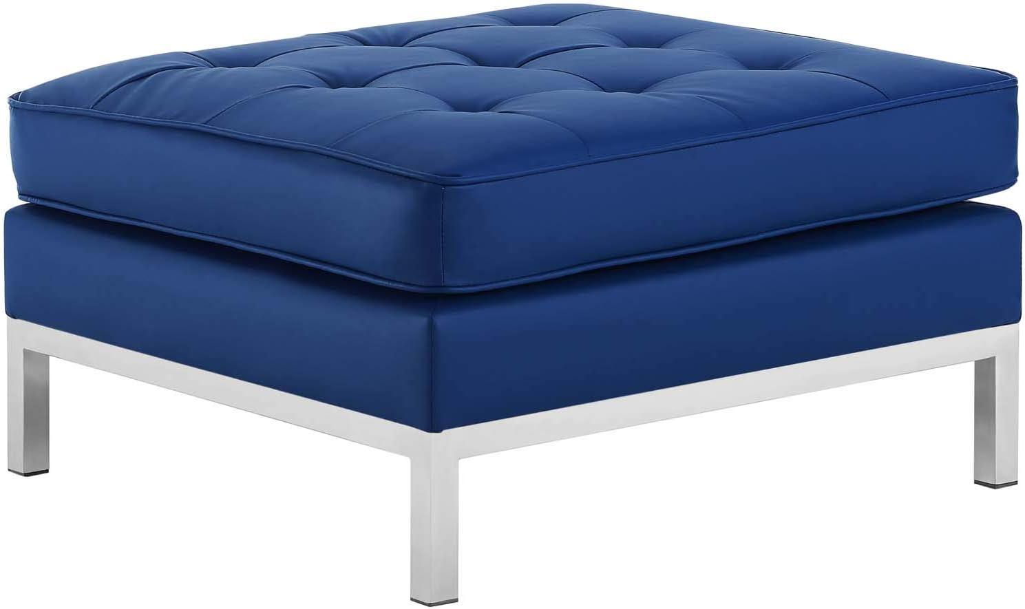 Silver Navy Tufted Faux Leather Ottoman with Stainless Steel Legs