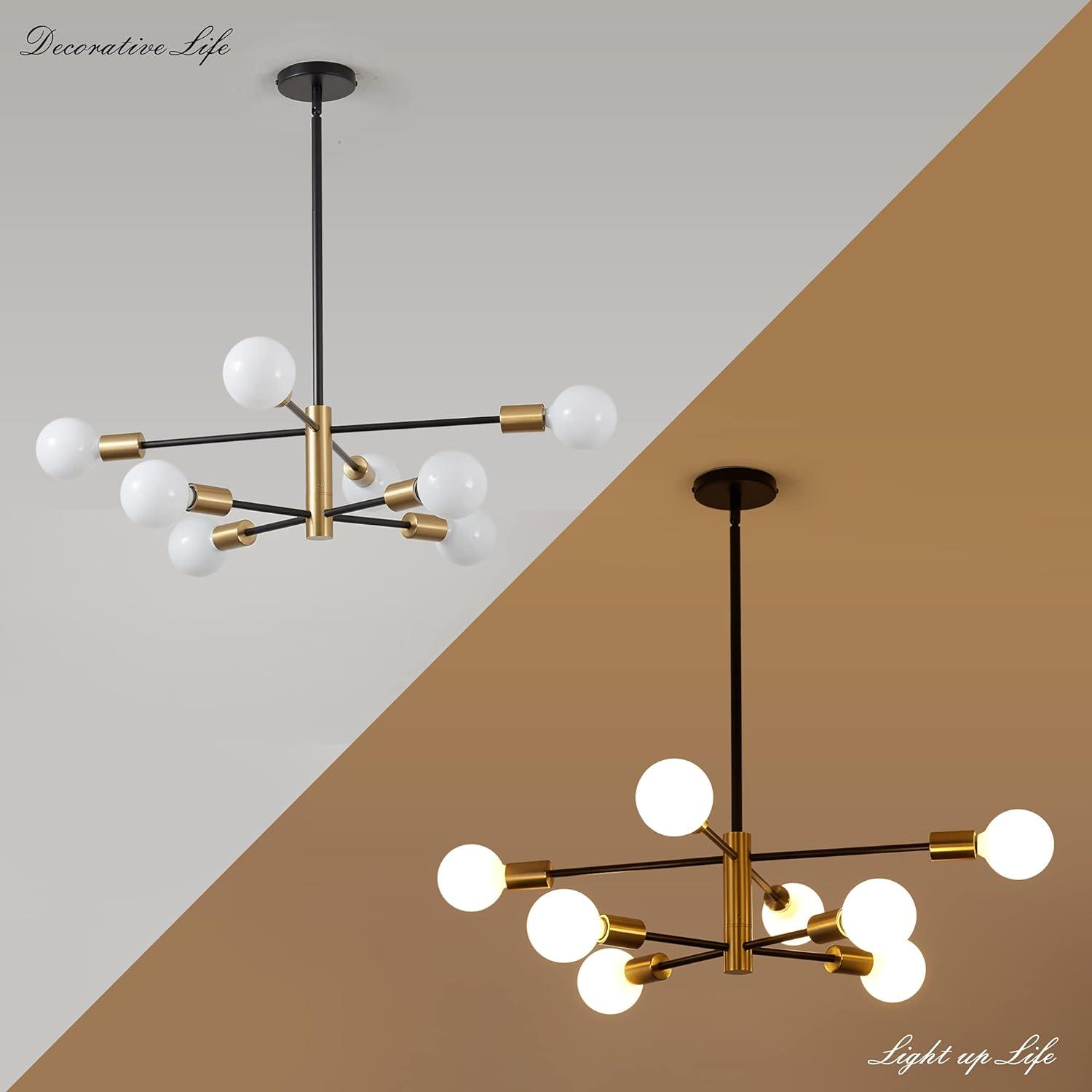 KAISITE Modern Sputnik Chandelier - 8-Light Ceiling Light Fixture Height Adjustable Mid Century Plating Finished Black and Gold Chandelier for Bedroom Living Room Dining Room Kitchen Foyer