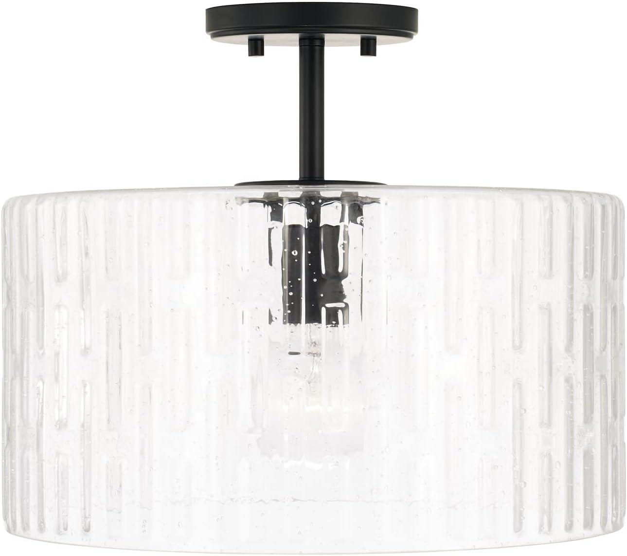 Matte Black and Seeded Glass Drum Pendant Light