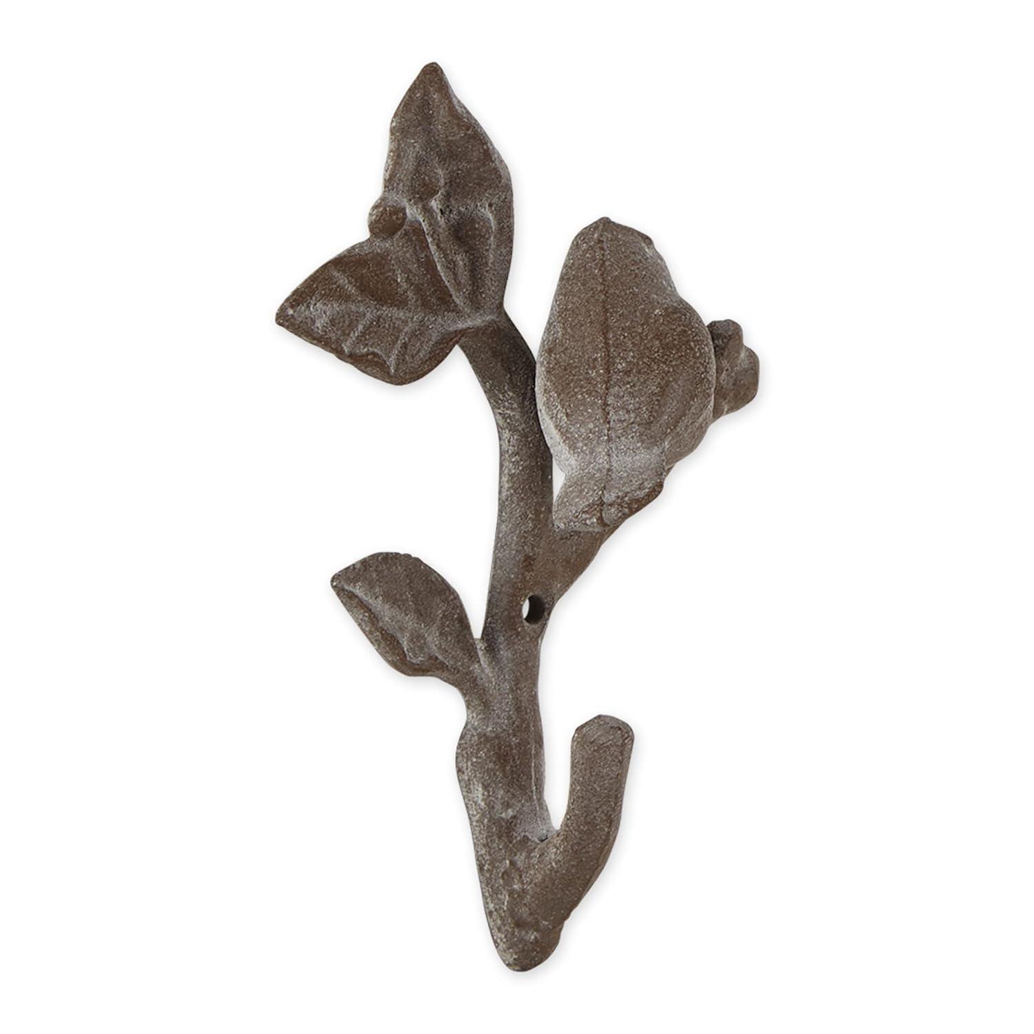 Cast Iron Bird with Leaves Wall Hook, Brown - Set of 2