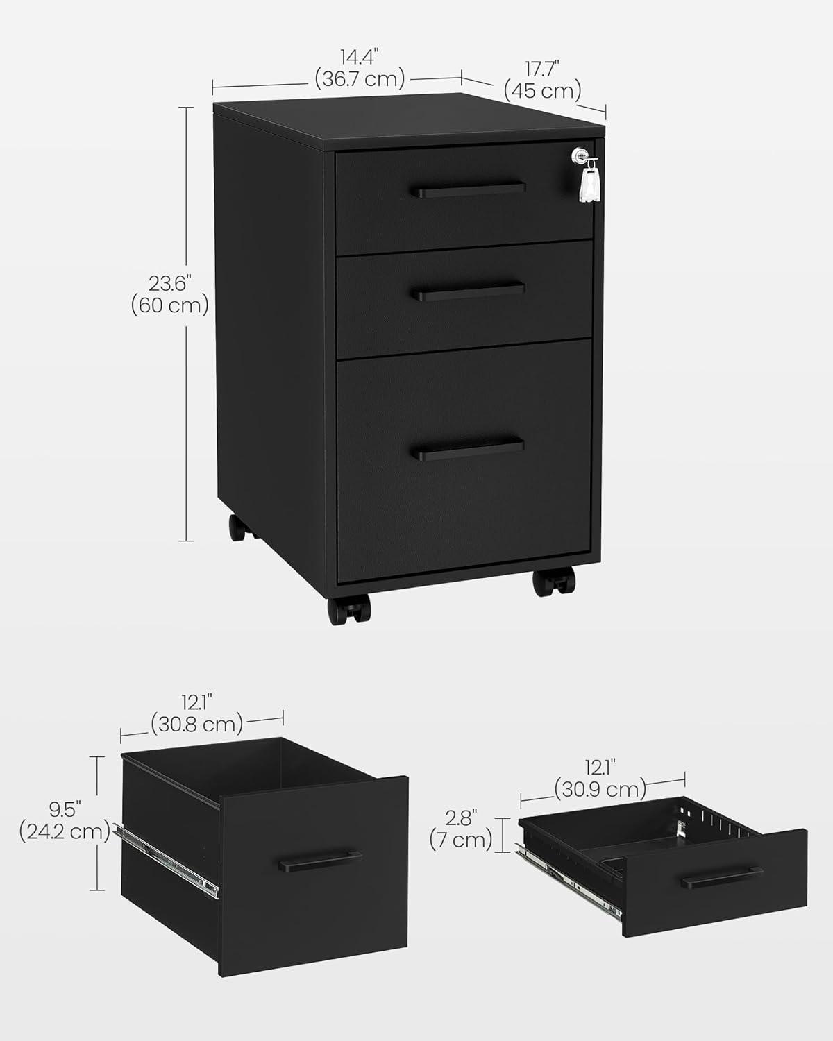 Matte Black Mobile 3-Drawer Lockable File Cabinet