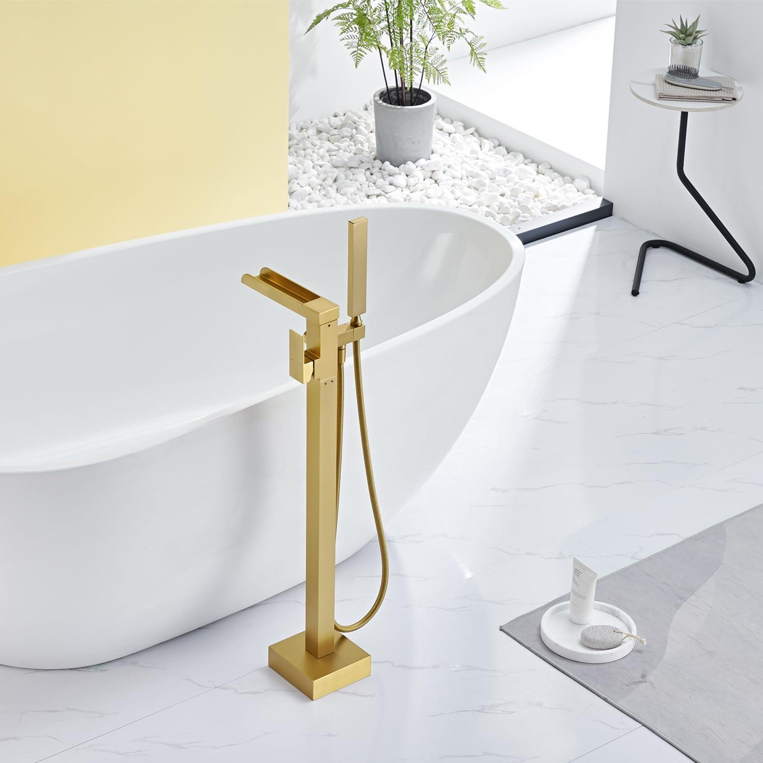 AlenArtWater Waterfall Tub Filler Freestanding Bathtub Faucet Floor Mount Brass Single Handle Bathroom Faucets with Hand Shower 94-LJQKCZ