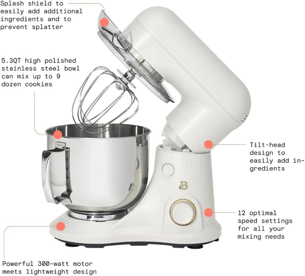 Beautiful 5.3 Qt Stand Mixer, White Icing with Flat Beater, Dough Hook, Balloon Whisk