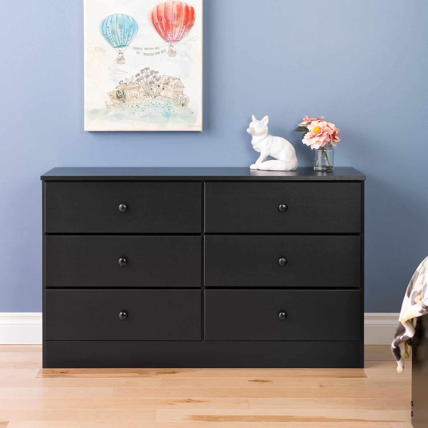 Prepac Astrid 6 Drawer Dresser Black: Laminated Wood Composite, Metal Hardware, Safety Stops