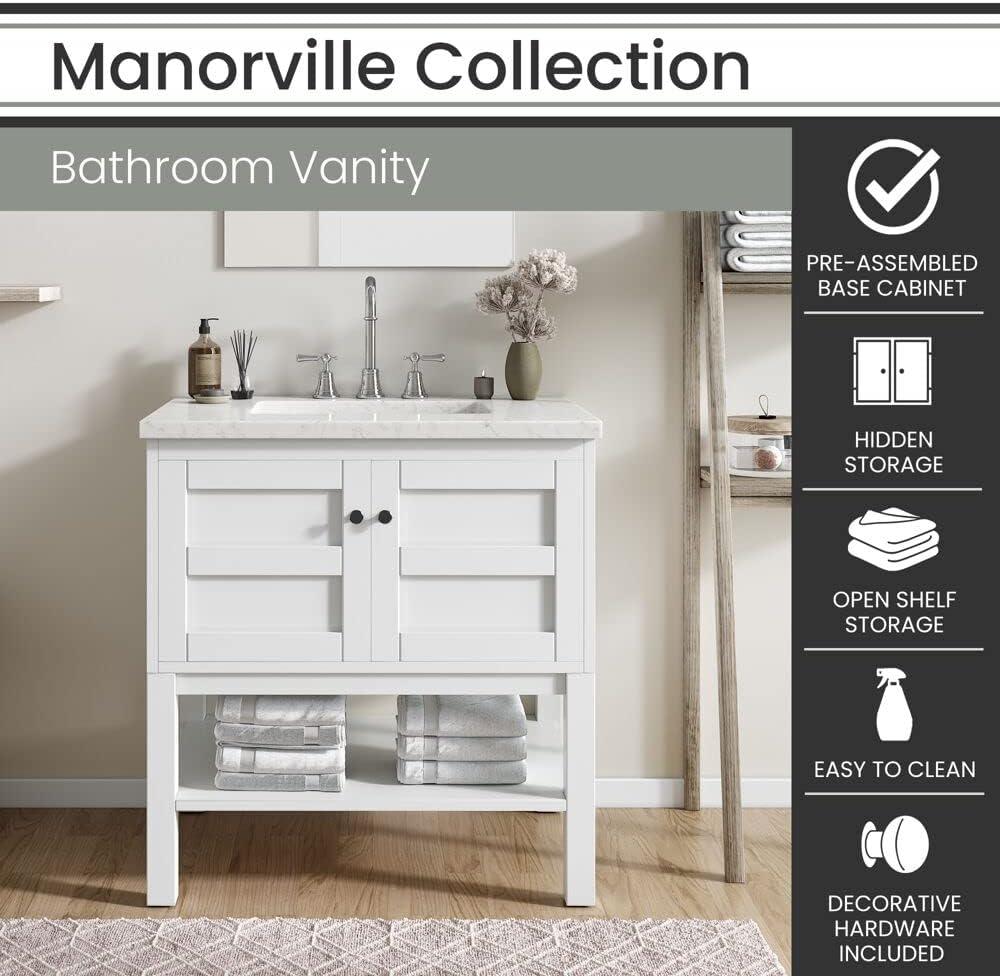 Hanover Manorville 31'' Vanity Cabinet with Sink Combo for Bathroom, Powder Room | Pre-Assembled Cabinet | Artificial Stone Marble Countertop, White Cabinet | HANVN0101-31-1WH