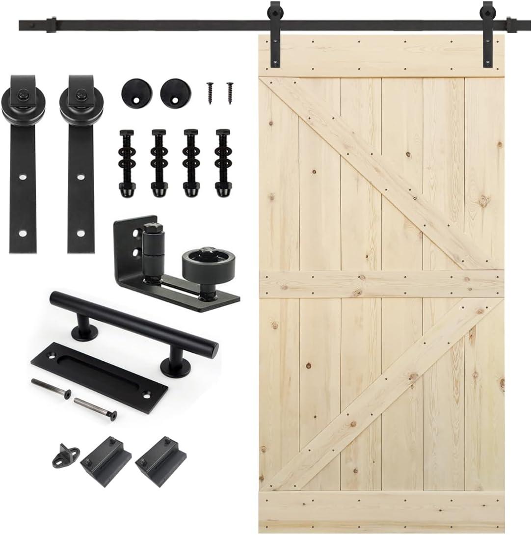 S&Z TOPHAND S&Z TOPHAND Unfinished British Brace Knotty Barn Door with Sliding Door Hardware Kit/Solid Wood/Sliding Door/Double Surfaces/A Simple Assembly is Required