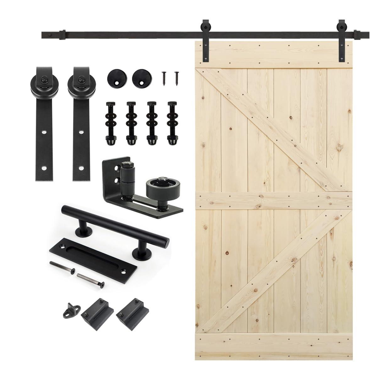 S&Z TOPHAND S&Z TOPHAND Unfinished British Brace Knotty Barn Door with Sliding Door Hardware Kit/Solid Wood/Sliding Door/Double Surfaces/A Simple Assembly is Required