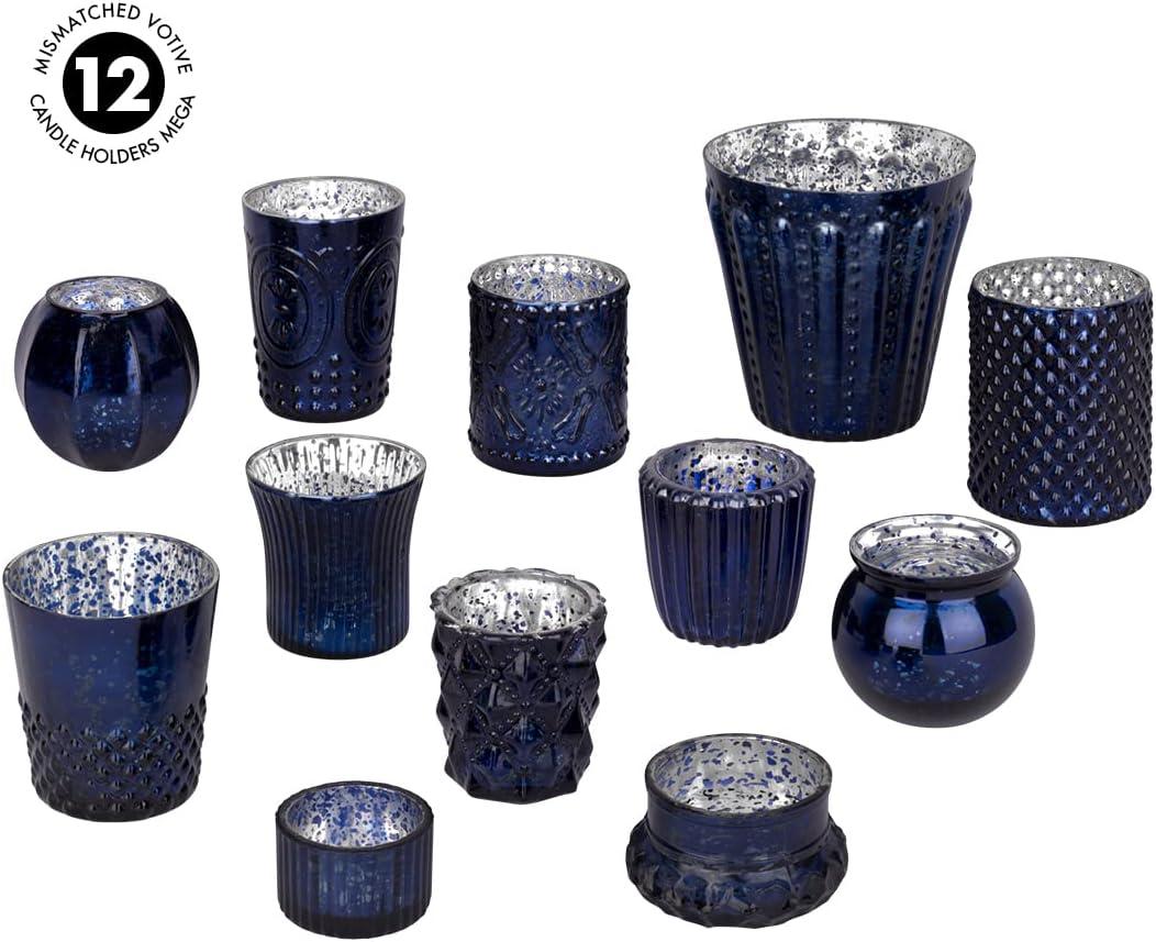 Koyal Wholesale Navy Blue Mismatched Votive Candle Holder Mega Set of 12 for Wedding Table Centerpieces, Home Decor