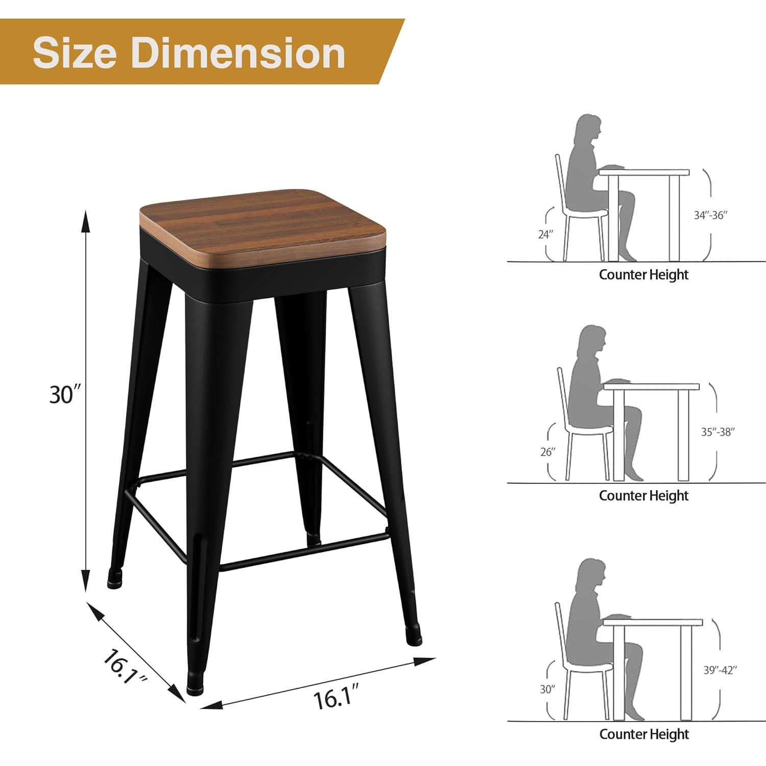 Stools Set of 4 Counter Height  Stools Metal Barstools with Removable Back 30" Kitchen  Stools with Wooden Seat