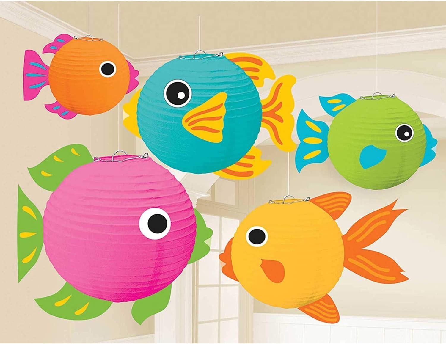 Amscan Summer Luau Fish Lanterns, 5-3/4"H x 7-3/4"W x 9-1/2"D, Multicolor, Pack Of 5 Lanterns