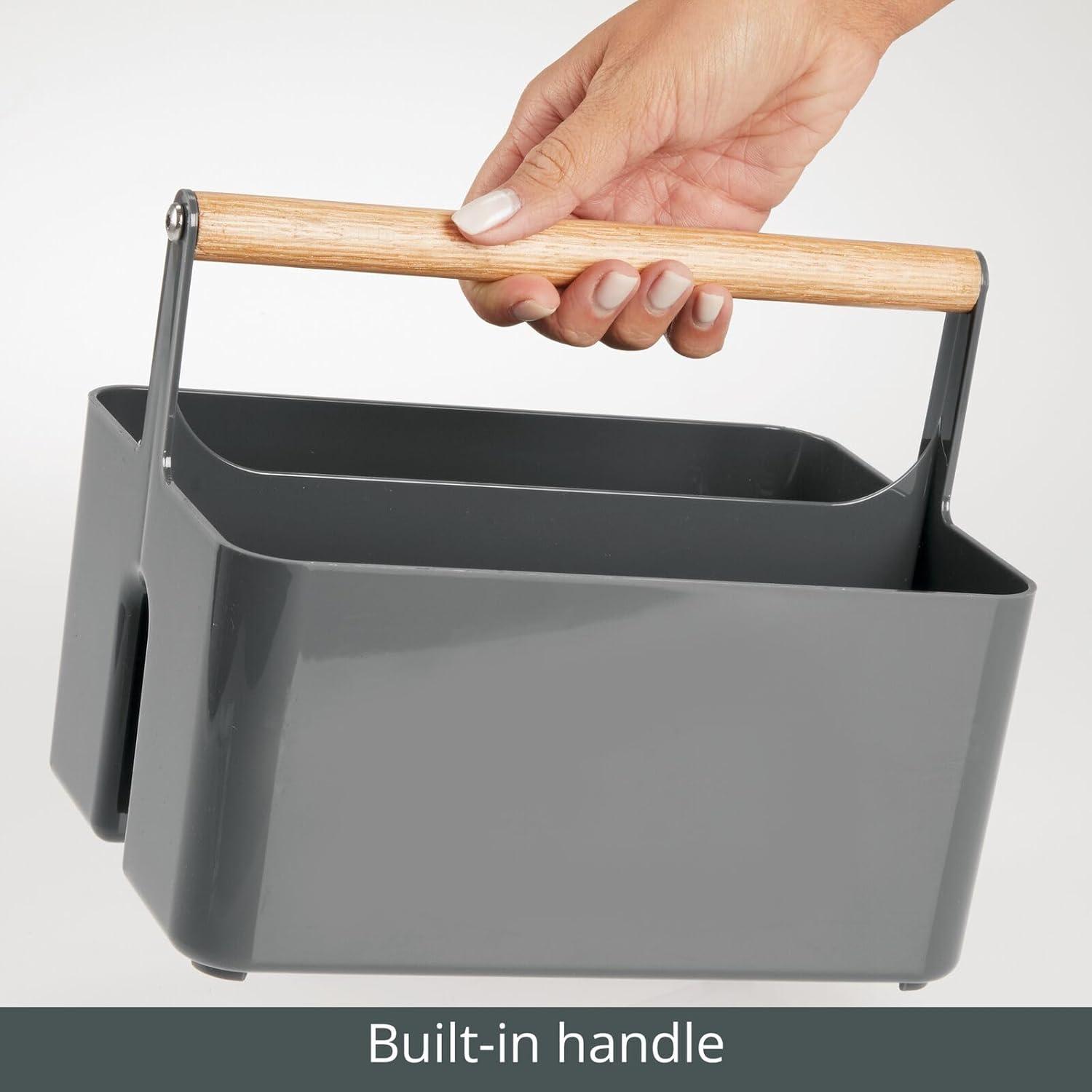 mDesign Plastic Portable Shower Caddy Divided Basket Bin Storage Organizer with Bamboo Handle for Bathroom, Dorm, Shelf & Cabinet Holds Shampoo, Conditioner - Aura Collection, Charcoal Gray/Natural