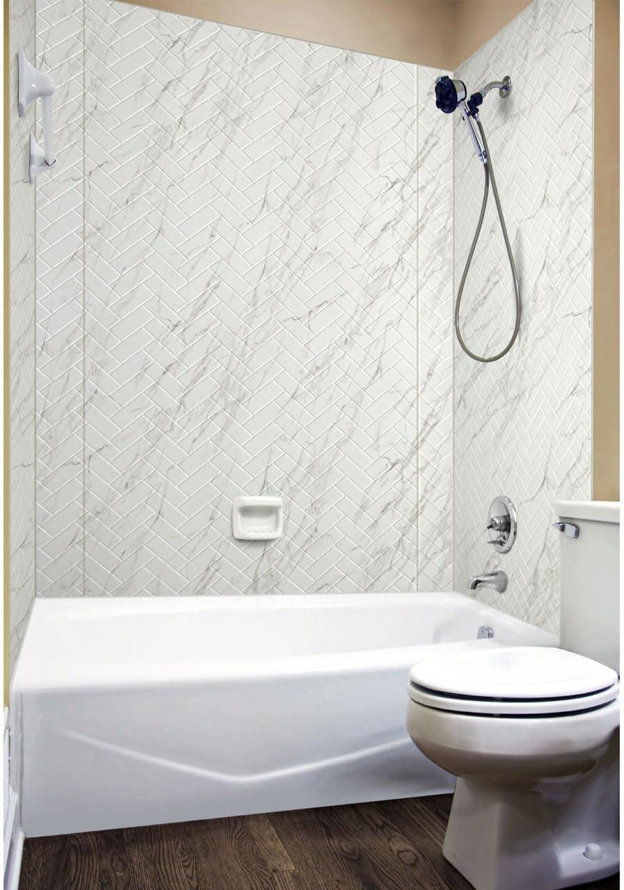 Herringbone Tile - Mirroflex - Tub and Shower Wall Panel - Marble