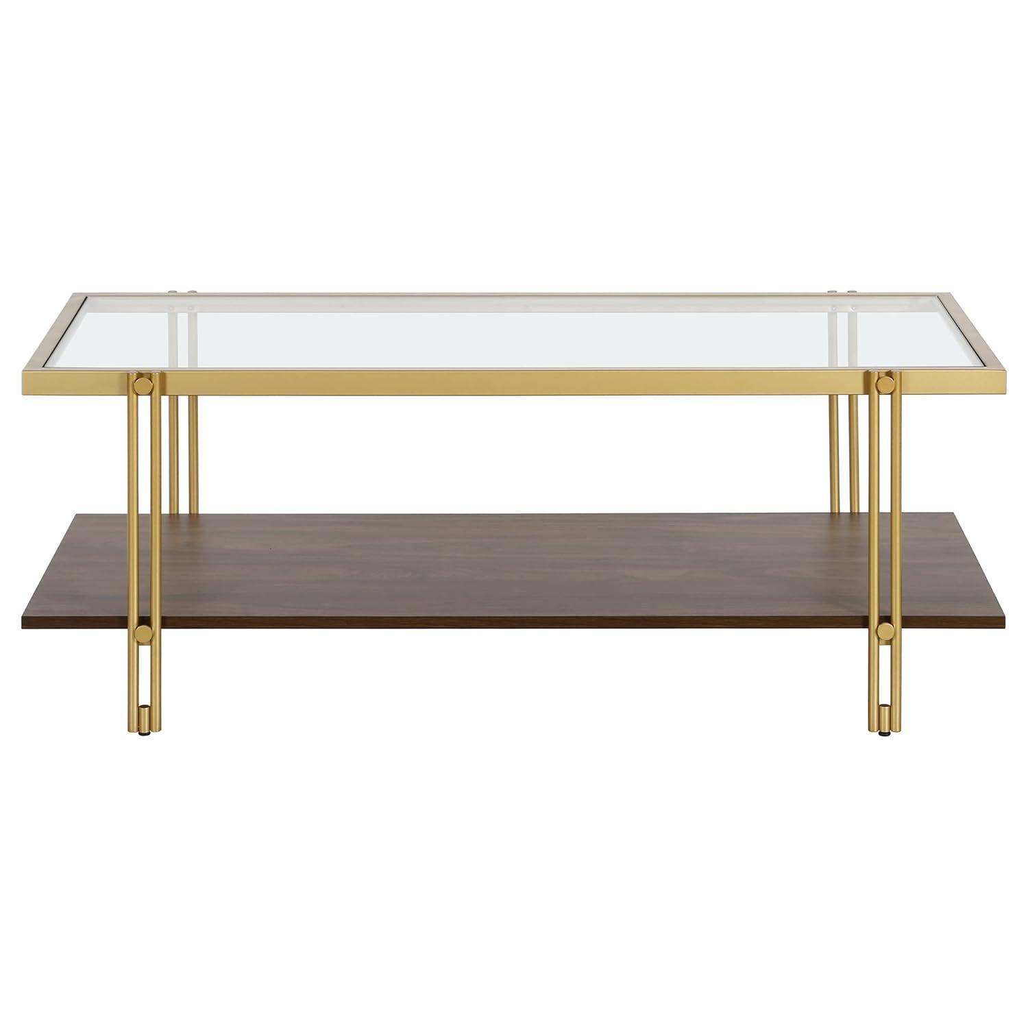Evelyn&Zoe,ez 45" Wide Rectangular Coffee Table with MDF Shelf, Brass/Walnut