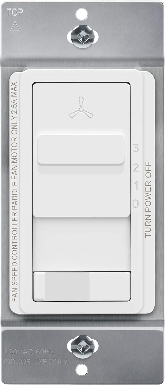 TOPGREENER Kalide 3-Speed Ceiling Fan Control Combo, in Wall Light and Fan Combination Switch, Single Pole, 2.5A, 720W, Neutral Wire Not Required, TGSFS3-W, White