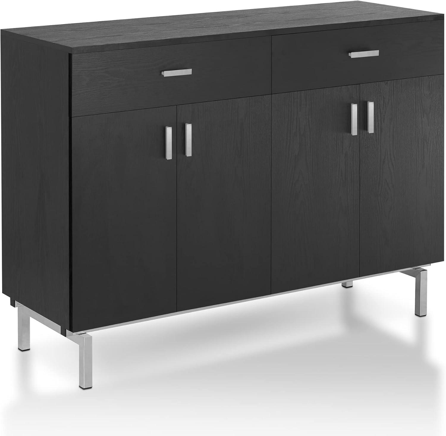 Furniture of America  Mason Modern 2-drawer Buffet with Wine Rack Black/Chrome Black Finish, Chrome Finish