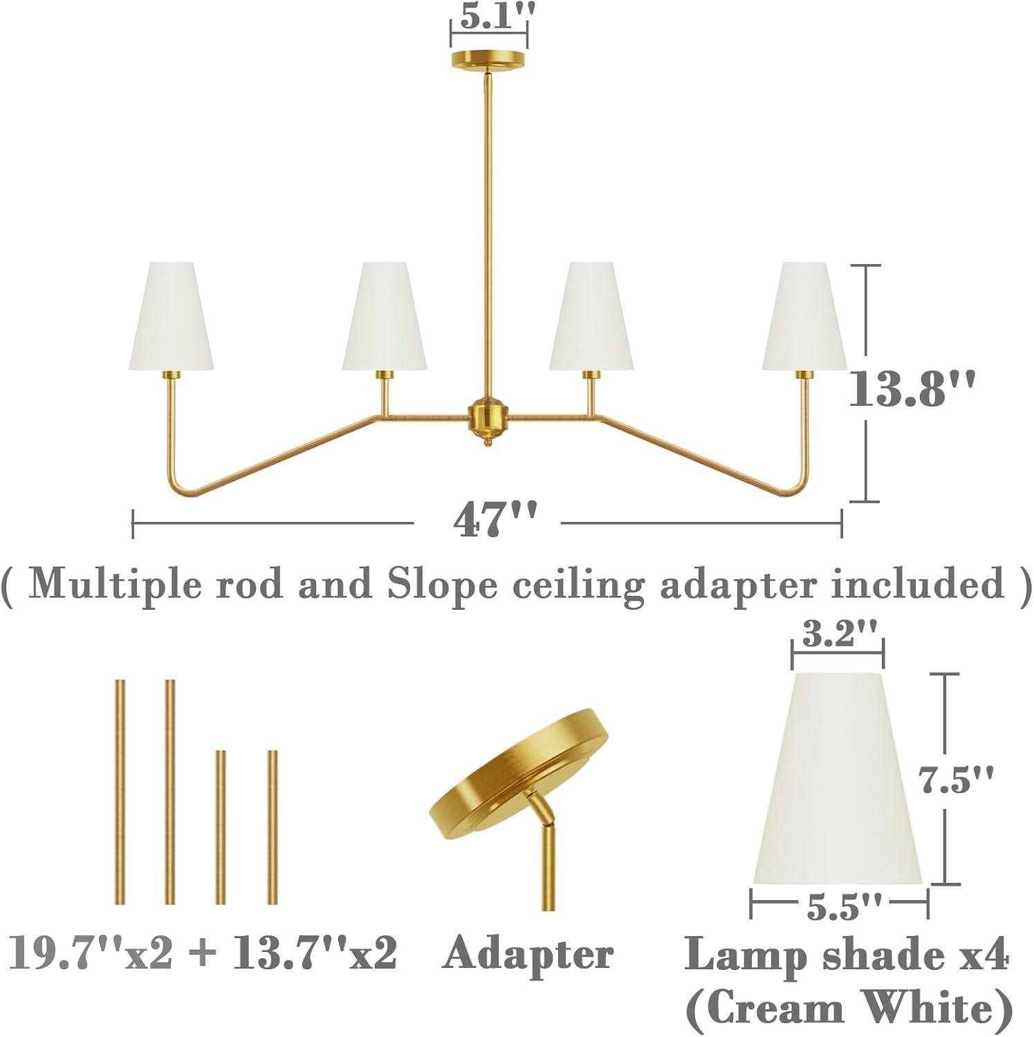 Brightever 4-Light Gold Linear Chandelier, Kicthen Island Light Fixture for Dining Room Over Table, Modern Pendant Lighting with White Fabric Shades for Pool Table, E12 Base (Bulb not Included)
