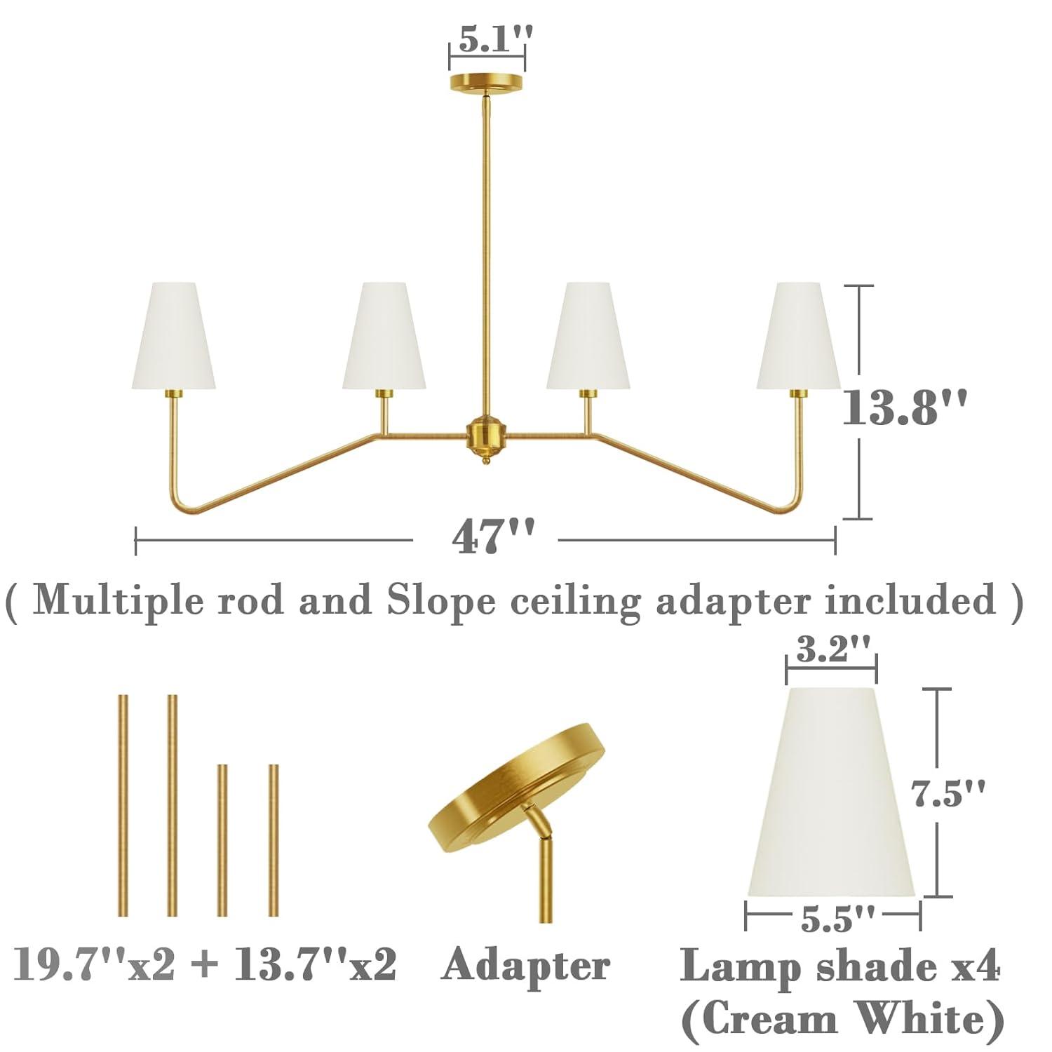 Brightever 4-Light Gold Linear Chandelier, Kicthen Island Light Fixture for Dining Room Over Table, Modern Pendant Lighting with White Fabric Shades for Pool Table, E12 Base (Bulb not Included)