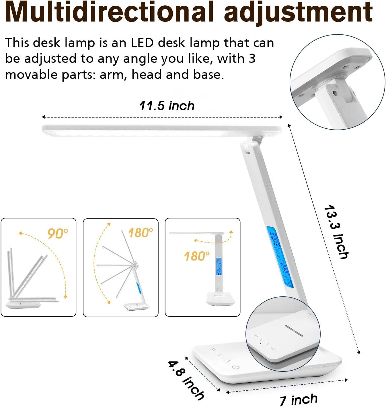 White Adjustable LED Desk Lamp with Wireless Charger and Clock