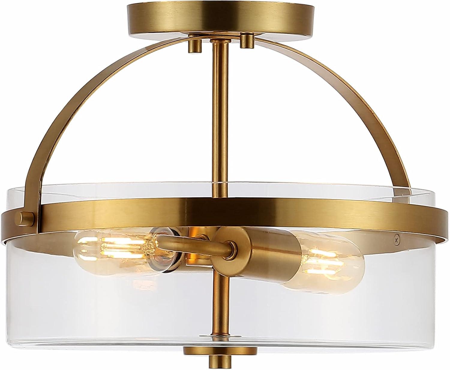 SAFAVIEH Nensor 13 in. Farmhouse 2-Light Brass Gold Metal Mount Light with Clear Shade