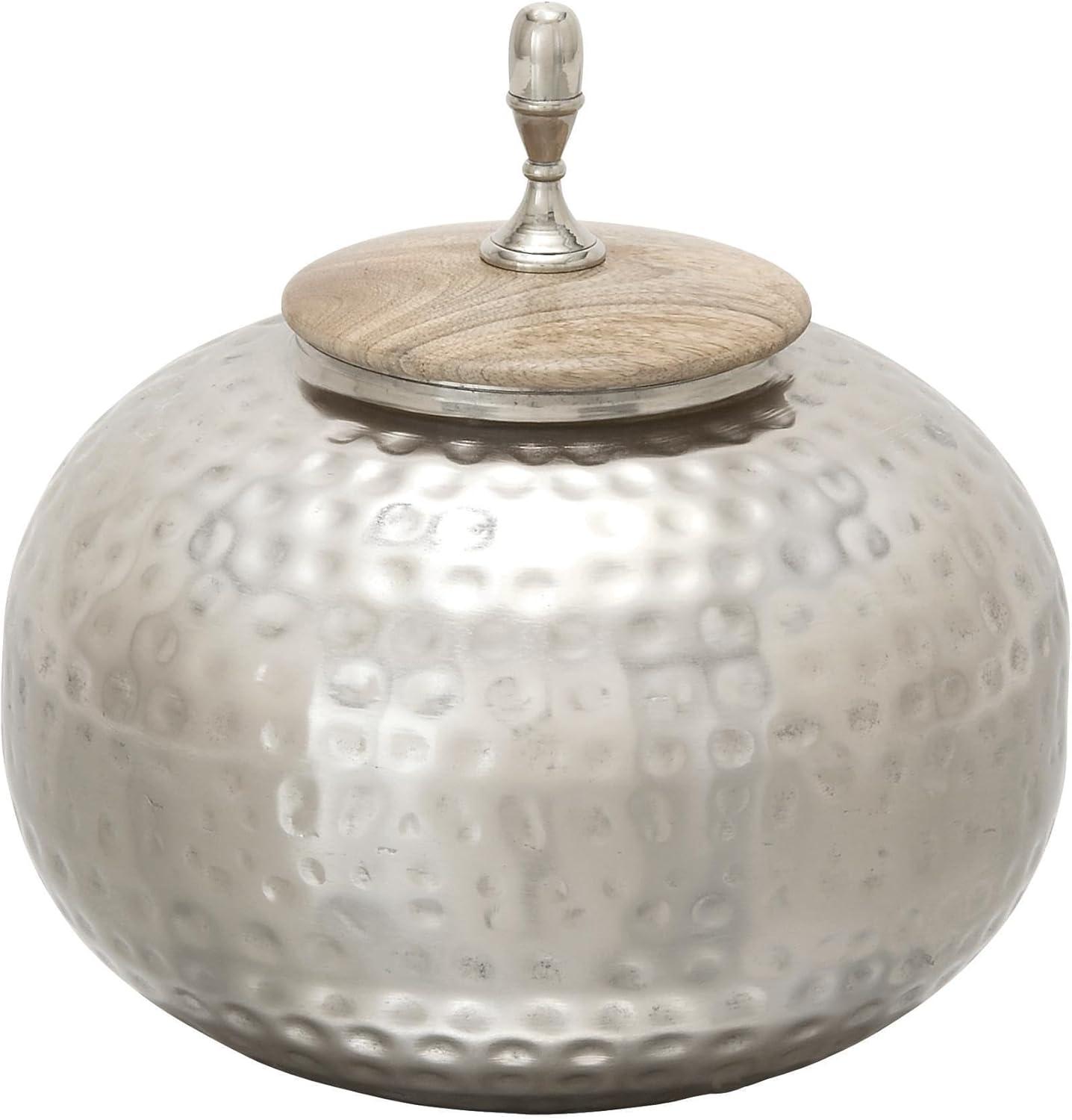 Silver Hammered Metal Decorative Jar with Wood Lid