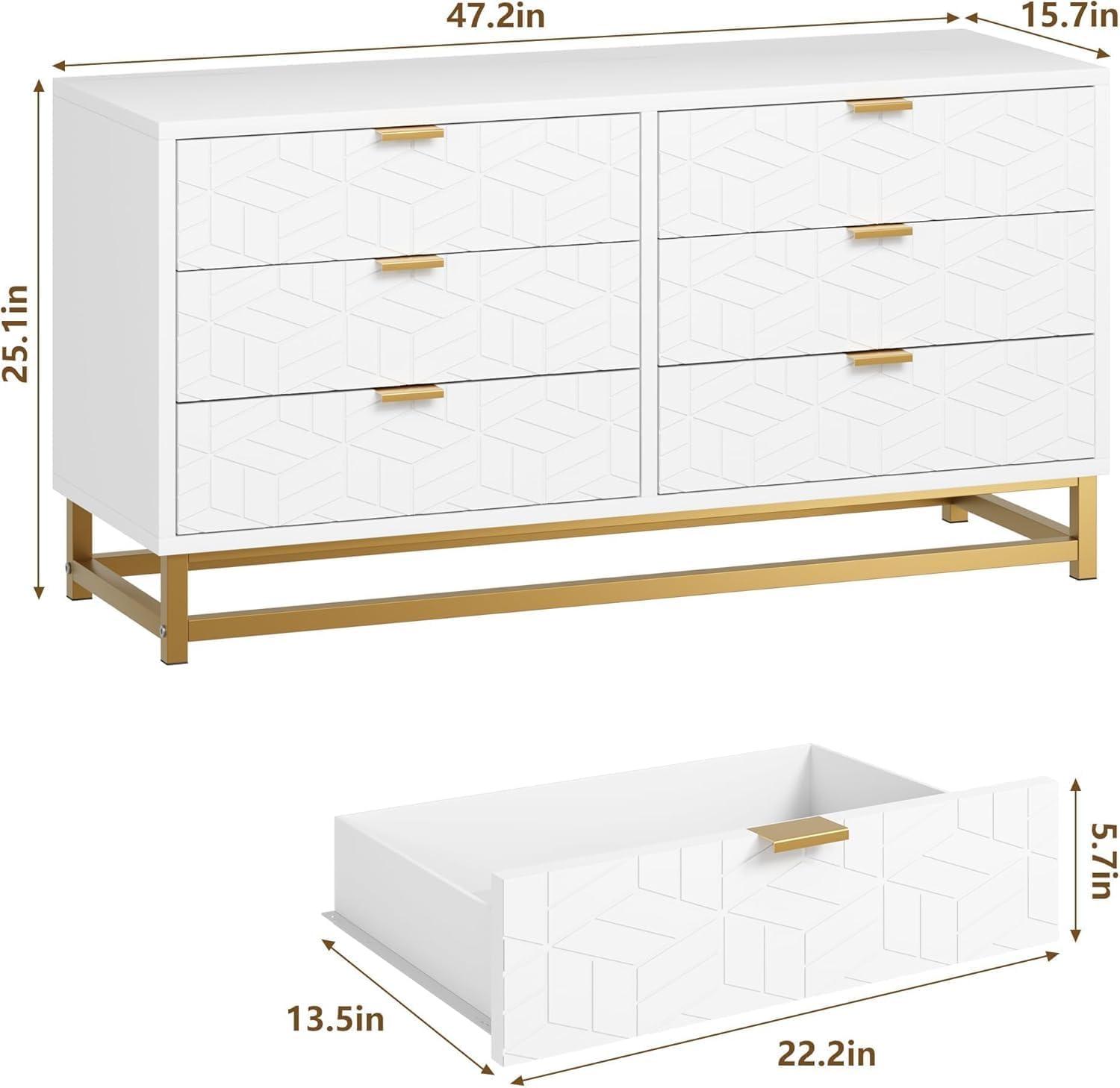 6-Drawer Dresser for Bedroom – Modern Chest of Drawers with Gold Metal Base, Large Storage Cabinet for Closet, Hallway, and Living Room