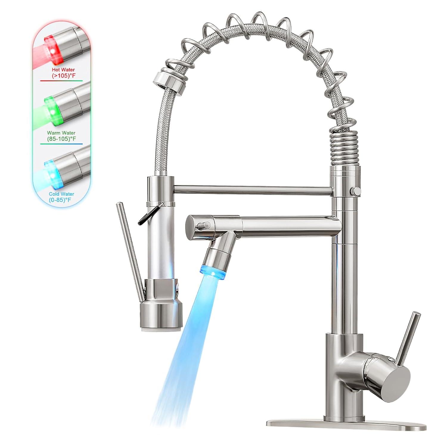 Qomolangma Commercial LED Kitchen Sink Faucet with Pull Down Sprayer, Modern Single Handle Kitchen Faucets with Light, Brushed Nickel