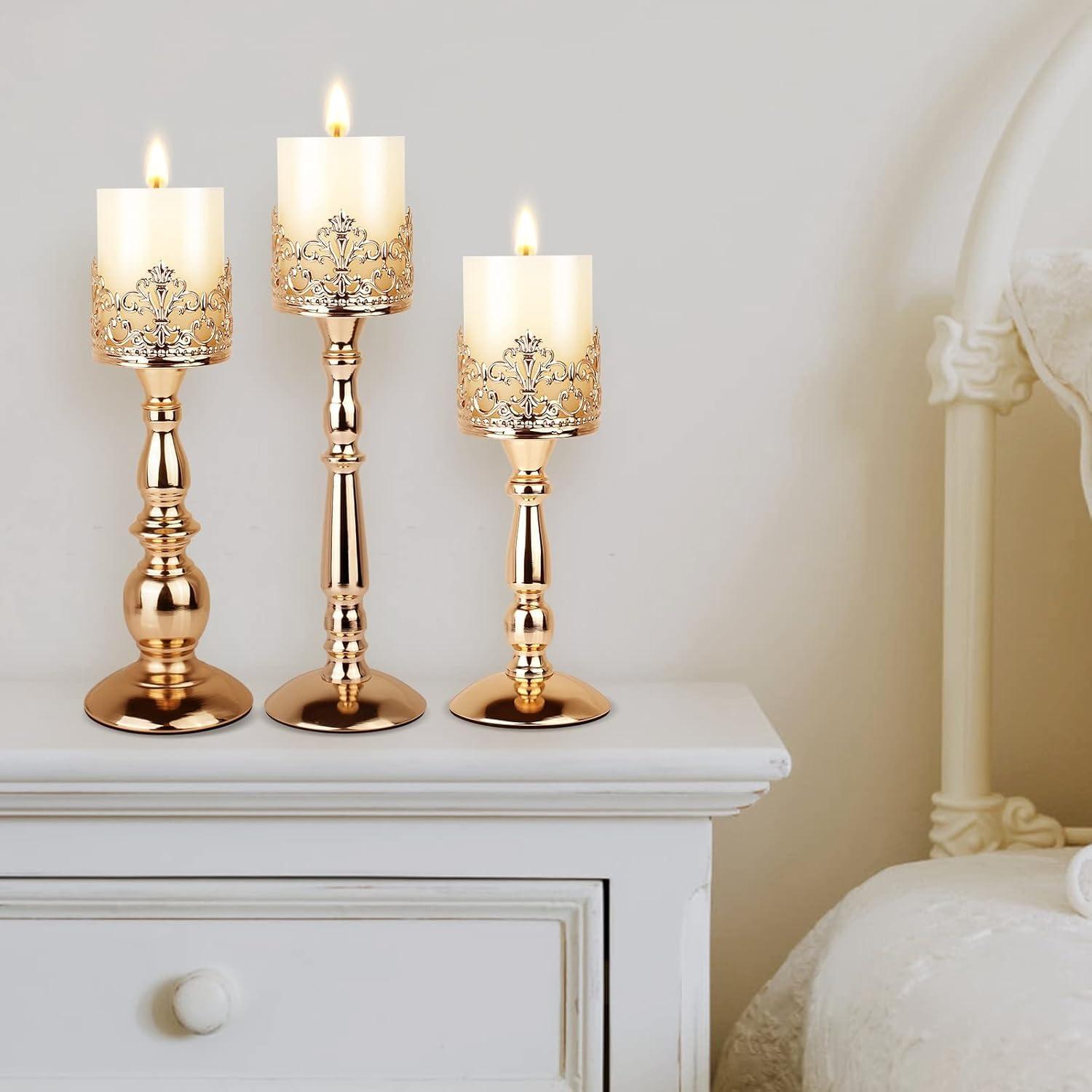 Gold Vintage Iron Pillar Candle Holders Set of 3