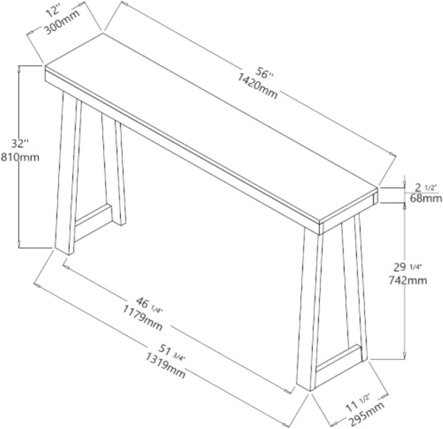 Plank+Beam Solid Wood 56" Console Table, Classic Entryway Table, Narrow Foyer Table