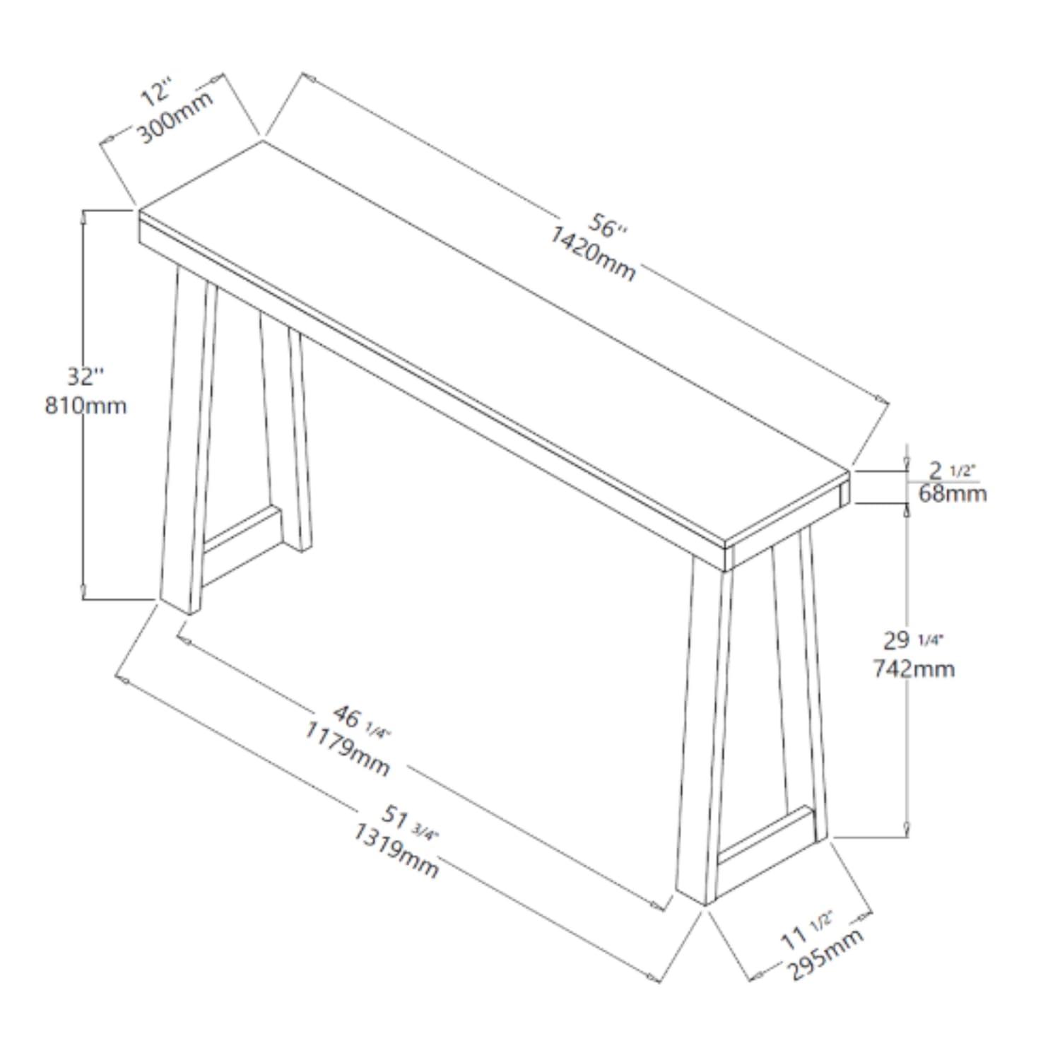 Plank+Beam Solid Wood 56" Console Table, Classic Entryway Table, Narrow Foyer Table