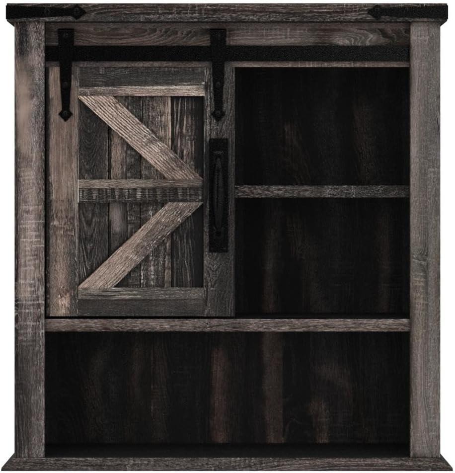 Dark Rustic Oak Farmhouse Wall Cabinet with Sliding Barn Door