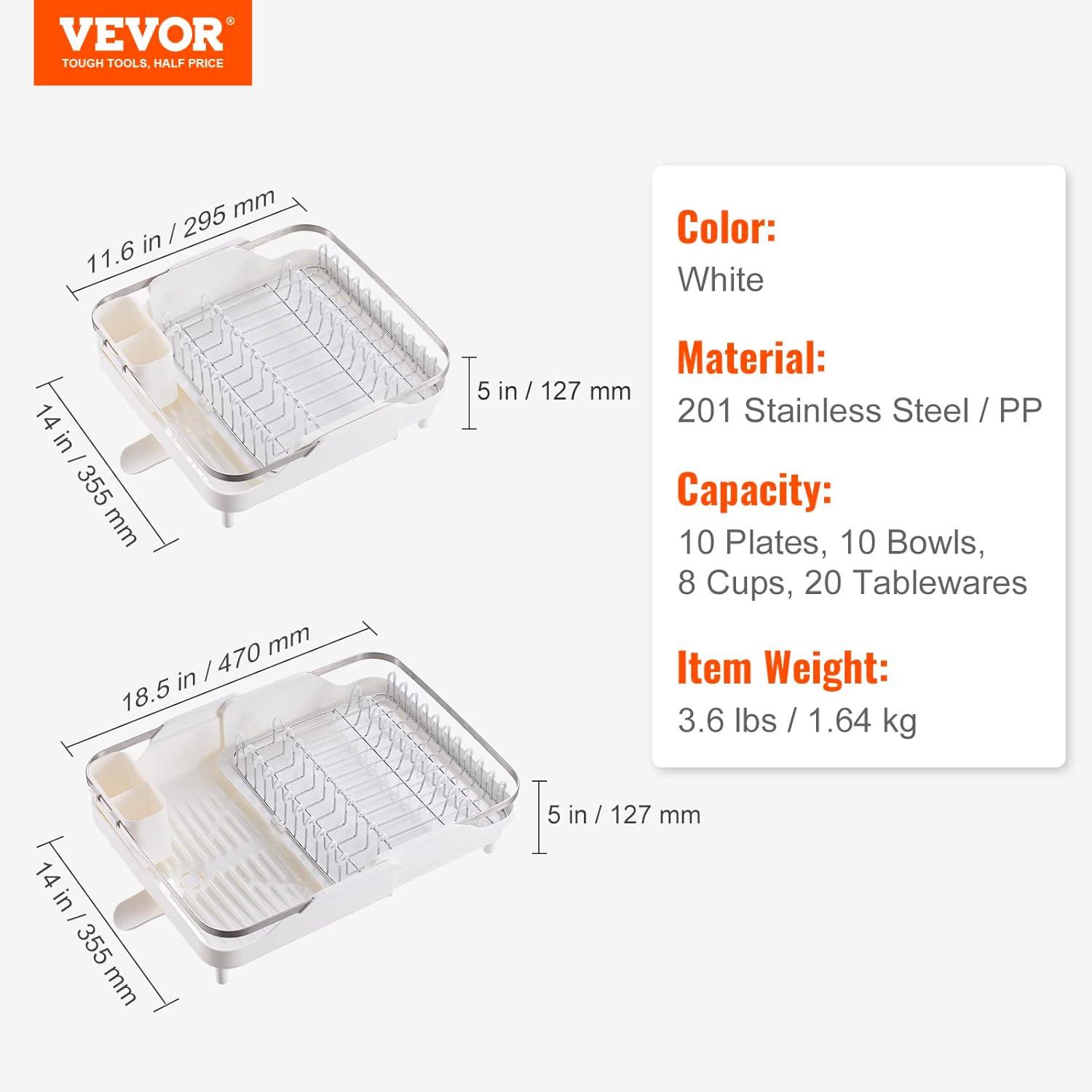 Expandable White and Stainless Steel Dish Drying Rack with Utensil Cup