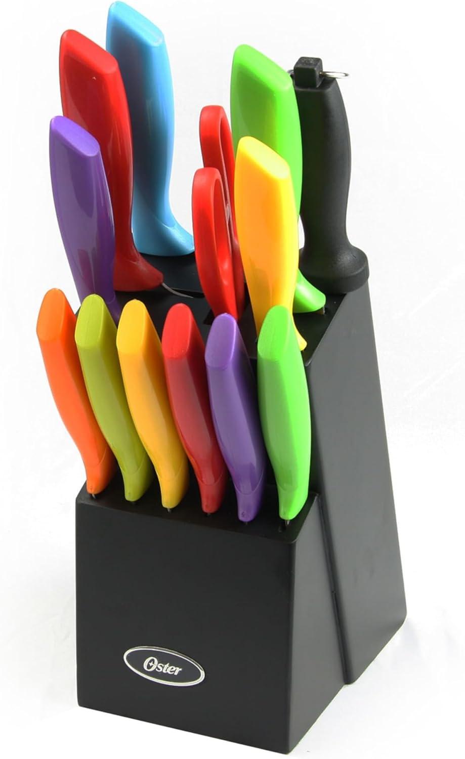 Oster 14 Piece Stainless Steel Assorted Color Cutlery Knife Set with Wood Storage Block