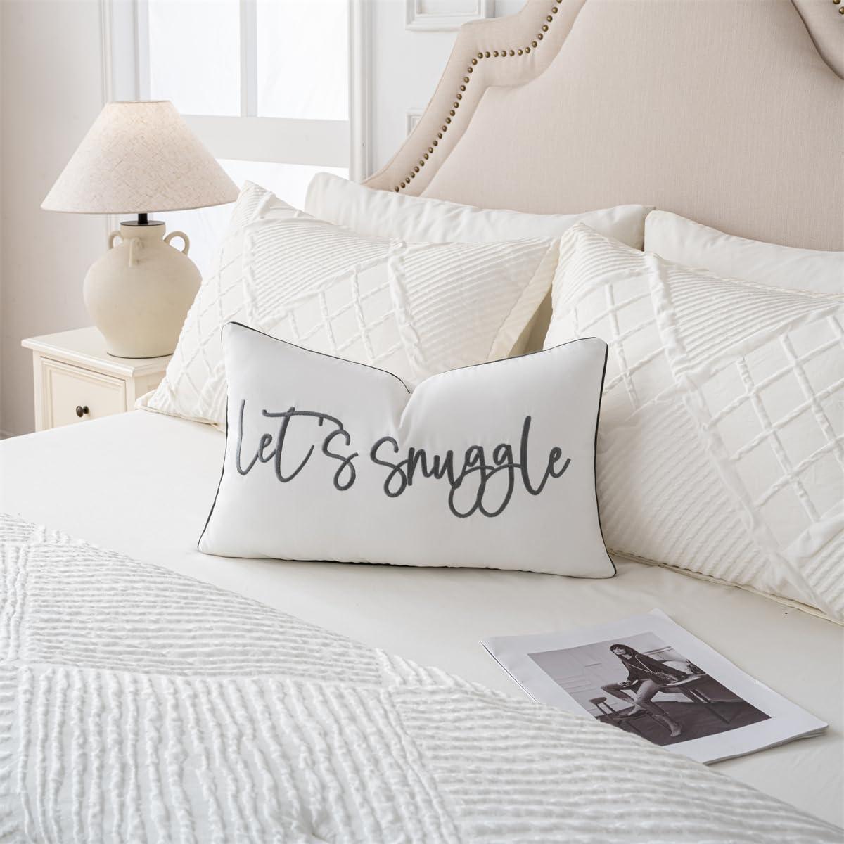 Sunkifover Let's Snuggle Decorative Lumbar Pillow Cover - 12x20 Inch White and Grey Cotton Embroidery Throw Pillowcase for Bed, Bedroom, Living Room, Home Decor