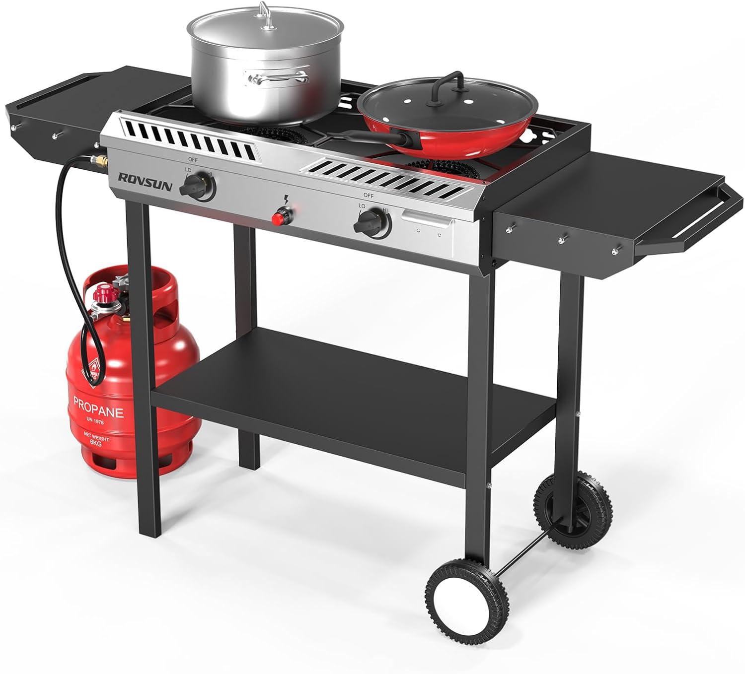 ROVSUN 2 Burner Outdoor Propane Gas Stove with Ignition, Regulator & Shelf, 150,000 BTU Powerful Cooker for Backyard Patio Cooking Home Canning Frying