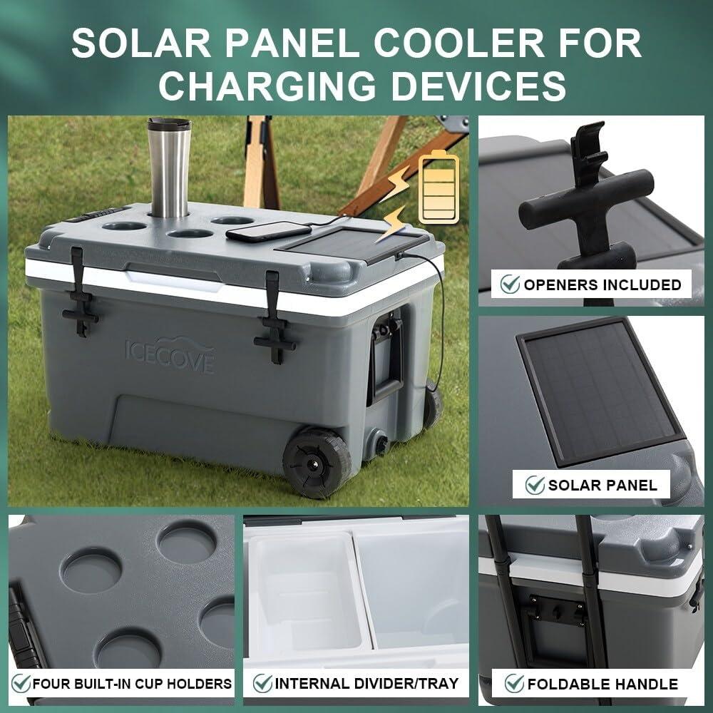 60-Quart Solar Cooler Portable Insulated Ice Chest with Wheels and Handle for Party, Camping, Beach Sand and Outdoor Activities, Heavy Duty Opener and Cup Holder, Castlerock Grey